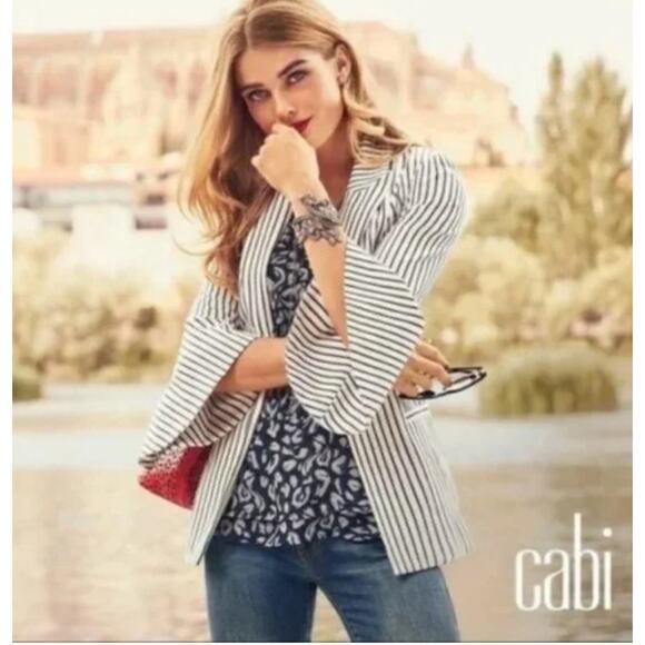 New CAbi | 5295 Ole Ticking Stripe Bell Jacket Blazer Navy White size 8 - Picture 1 of 6